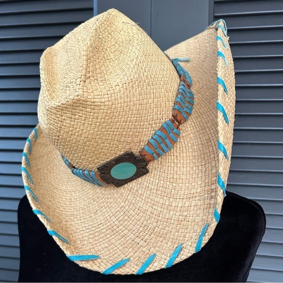 Bullhide Woven Straw Cowboy Hat With Turquoise Details, Size Small - Picture 4 of 16